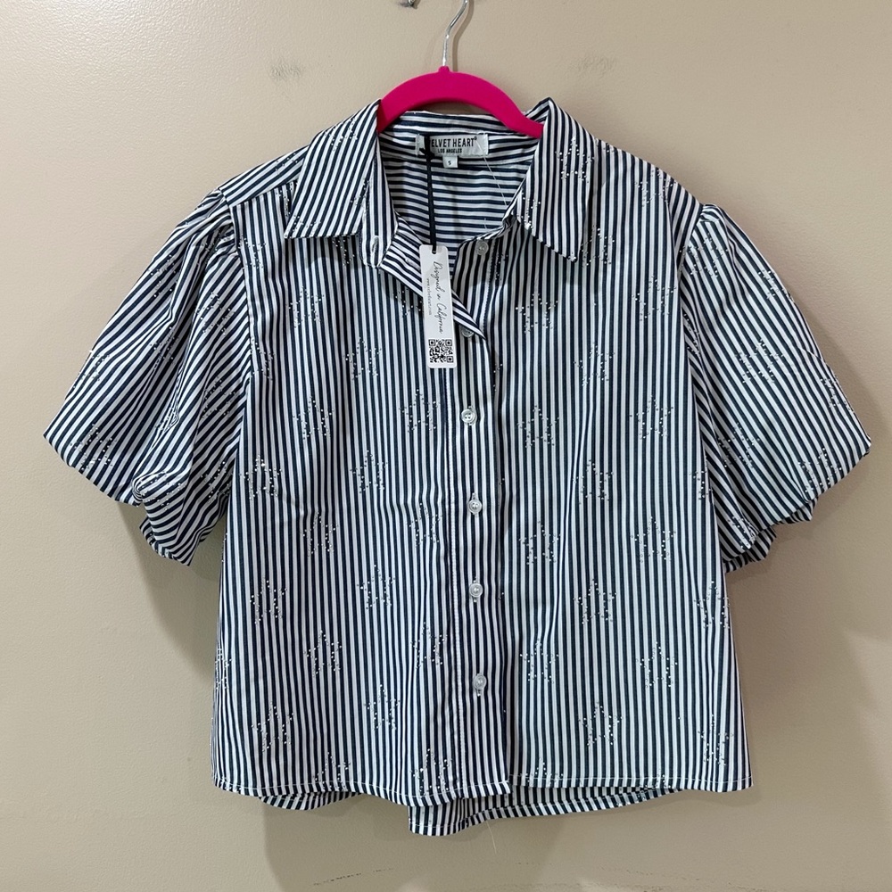 Velvet Heart blue White Striped star Shirt Button Cropped puff sleeve Women s